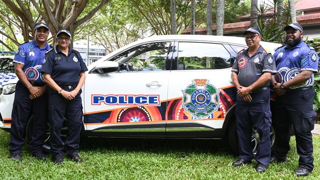 Cairns police liaison officers Tony Bani, Maj-Lis Dalton, Steve Grant and Joseph Banu with one of the new vehicles with distinct livery. Picture: Isaac McCarthy