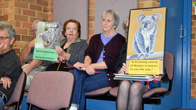 Ros Irwin (centre) protesting against rezoning key koala habitat at Monaltrie. Picture: Claudia Jambor