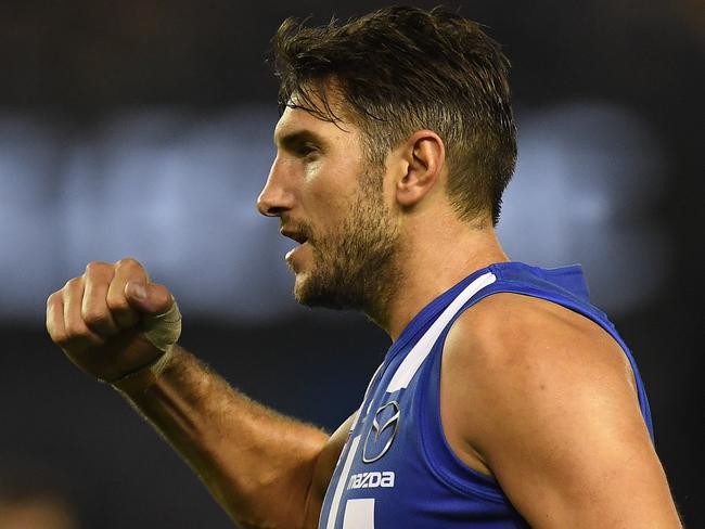 Jarrad Waite of the Kangaroos reacts after kicking a goal during the Round 5 AFL match between the North Melbourne Kangaroos and the Hawthorn Hawks at Etihad Stadium in Melbourne, Sunday, April 22, 2018. (AAP Image/Julian Smith) NO ARCHIVING, EDITORIAL USE ONLY