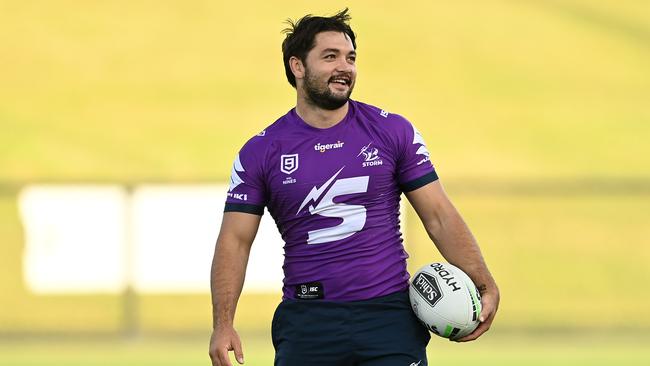 SUNSHINE COAST, AUSTRALIA - OCTOBER 08: Brandon Smith of the Storm looks on during a Melbourne Storm NRL training session at Sunshine Coast Stadium on October 08, 2020 in Sunshine Coast, Australia. (Photo by Quinn Rooney/Getty Images)