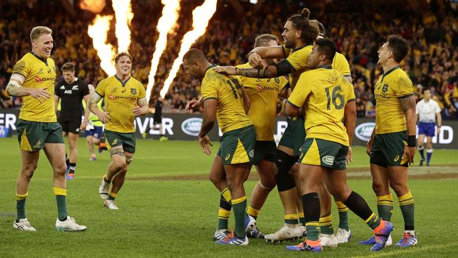 Kurtley Beale of the Wallabies celebrates after scoring a try during the 2019 Rugby Championship Test Match between the Australian Wallabies and the New Zealand All Blacks on August 10, 2019 in Perth, Australia.