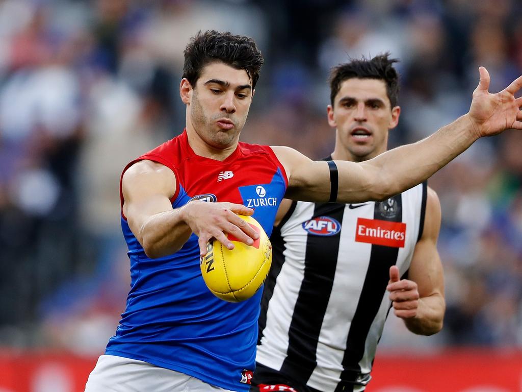 Collingwood looms at Christian Petracca’s desired destination if he was to leave the Dees. Picture: Dylan Burns/AFL Photos via Getty Images.