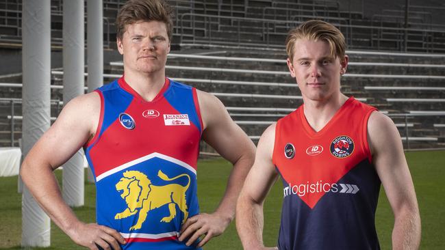 SFL, James McIndoe from Huonville Lions and Samuel Lewis- Johnson from Brighton at North Hobart. Picture: Chris Kidd