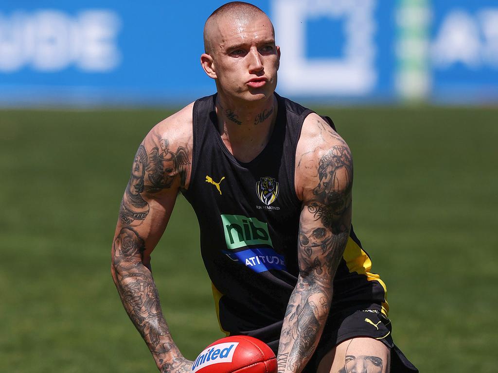 Dustin Martin returns to training after a serious kidney injury. Picture: Michael Klein