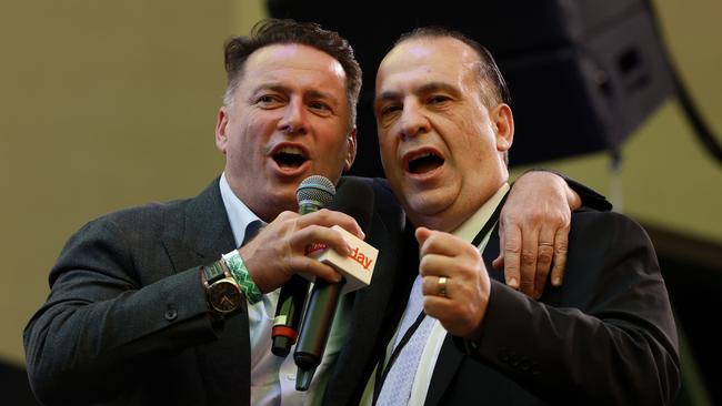 Karl Stefanovic and Peter V’landys in full flight in Vegas. Picture: Jonathan Ng