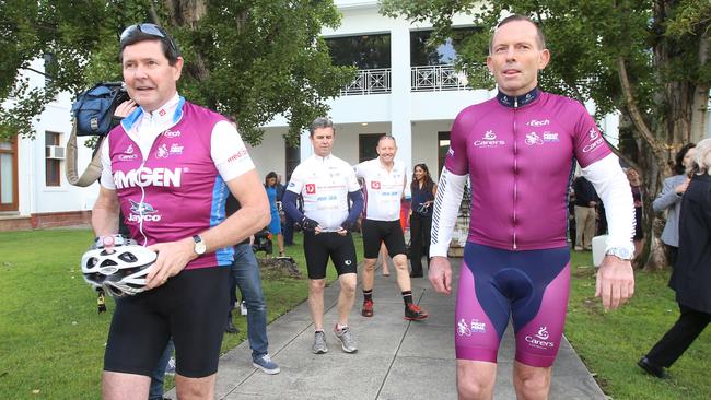 Tony Abbott and Kevin Andrews launching the 2015 Pollie Pedal. Picture: Gary Ramage