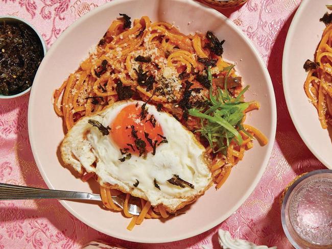 Cheesy kimchi linguine with gochujang butter.