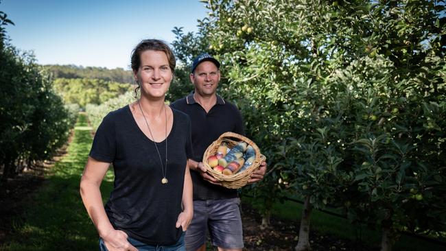 Nic Giblett with her brother, Michael, at the Newton Orchards near Manjimup in Western Australia. Picture: Tony McDonough