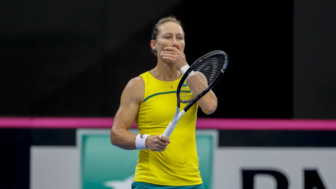 Sam Stosur of Australia in action against Aryna Sabalenka of Belarus during the Fed Cup World Group semifinal between Australia and Belarus at Pat Rafter Arena in Brisbane, Saturday, April 20, 2019. (AAP Image/Glenn Hunt) NO ARCHIVING, EDITORIAL USE ONLY