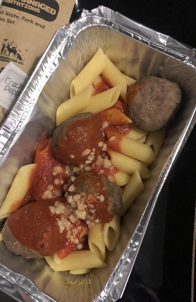 A cold serve of pasta with “meatballs” served in hotel quarantine. Picture: Nicole Mandemaker