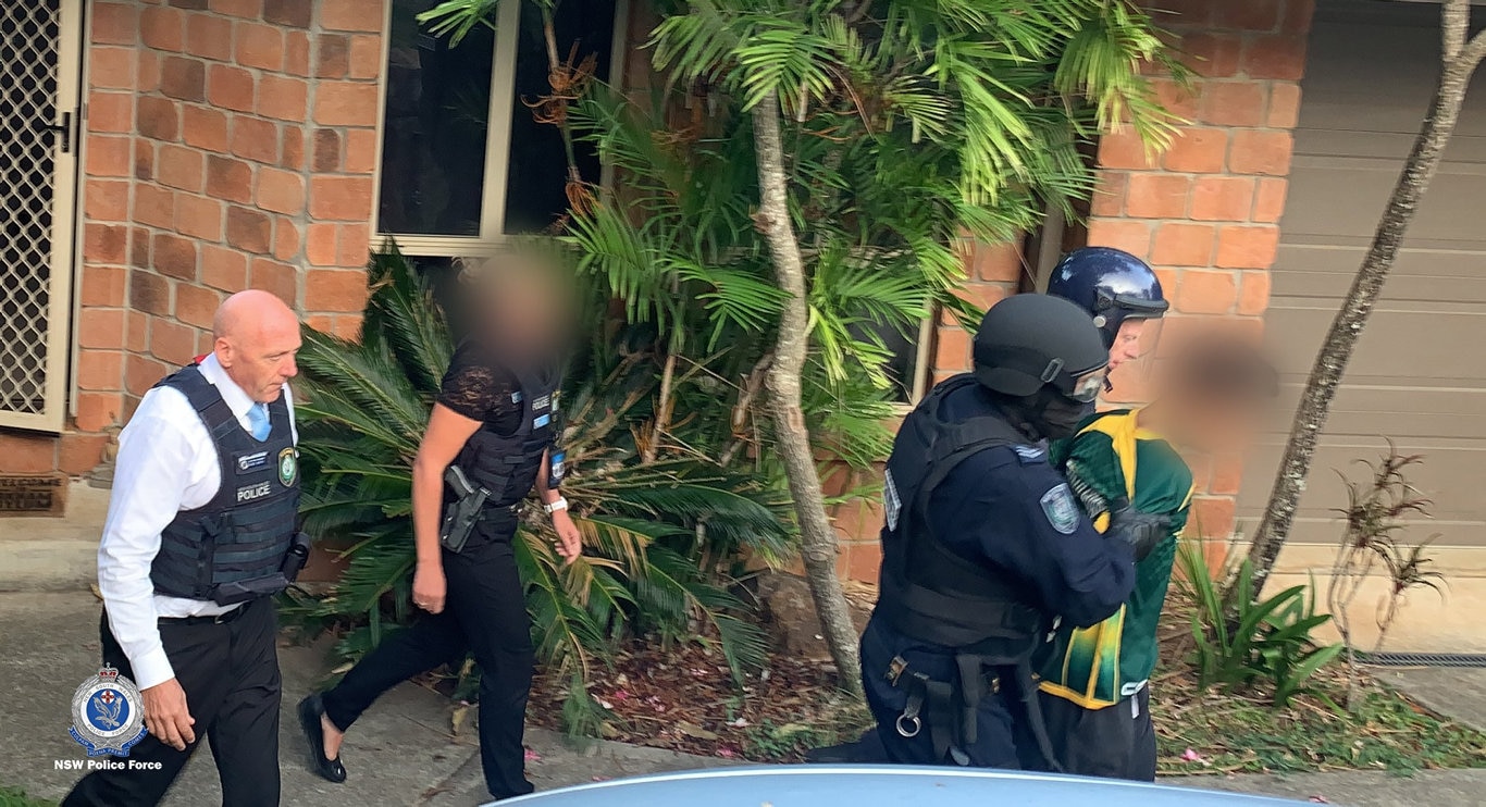 Police executed a search warrant at a home in Tweed Heads West and arrested an 18-year-old man, who was charged with murder following a fatal brawl at Ballina last month. Picture: NSW Police