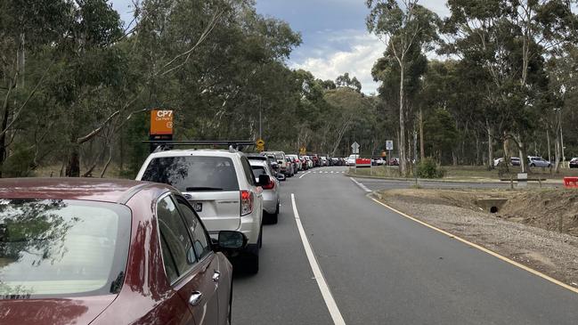 There were also long queues at the La Trobe University testing site in Bundoora. Picture: Tess Ikonomou