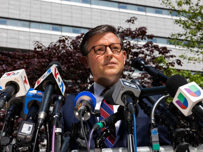 Republican House Speaker Mike Johnson speaks outside the Manhattan Criminal Court. Picture: Alex Kent (AFP)