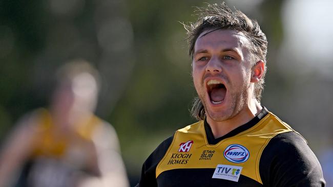 Werribee Districts’ Dillon Viojo-Rainbow celebrates a goal. Picture: Andy Brownbill