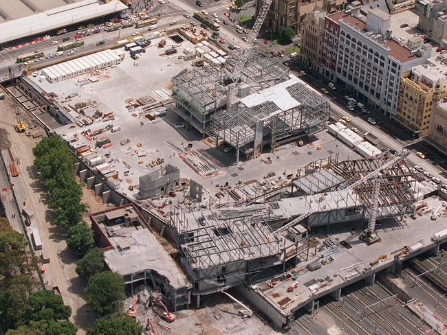 Aerial view of Federation Square under construction. Cpiture: HWT Library.