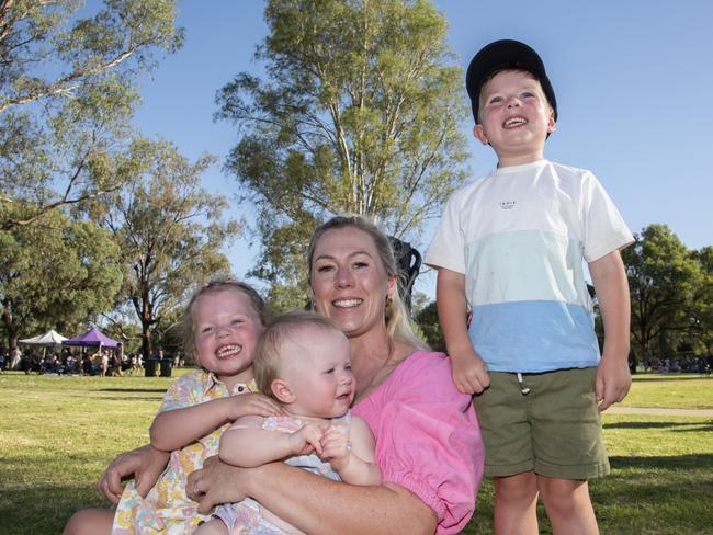 Megan Prockter, Harvey, Clementine and Annabelle celebrating the end of 2024 in Mildura. Picture: Noel Fisher