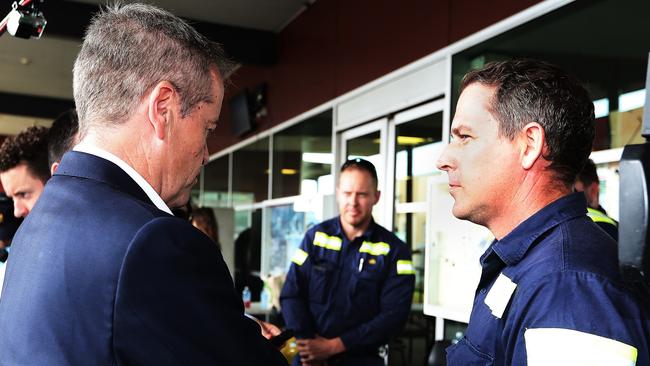 An engineer talks to Labor leader Bill Shorten about high income tax relief.  NEWS2019ELECTION 23/4/2019. DAY 13Opposition Leader Bill Shorten talking to workers at GPC with Shadow Minister for Employment and Workplace Relations, Brendan Oâ€™Connor, Shadow Minter for Immigration, Shayne Neumann, Shadow Minister for Trade, Investment, Resources and Northern Australia, Jason Clare and Labor candidate for Flynn, Zac Beers at Gladstone Port in  QLD. Picture Kym Smith