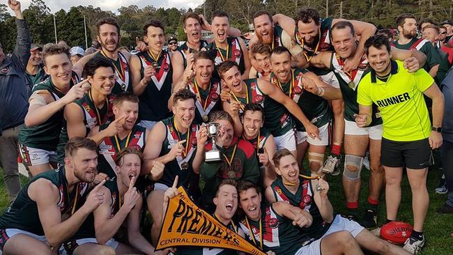 Blackwood players celebrate their Hills Football League premiership. Picture: Blackwood FC