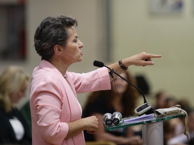 Christiana Figueres speaks to a school in Waverley in 2015. Picture: Craig Wilson