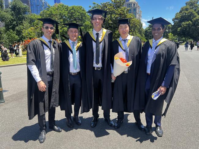 Master of Civil Engineering graduates: Marcus Petricca, Marcel Moran, Scott Baker, Jun Rae Cho and Nipuna Athukorala at the University of Melbourne graduations held at the Royal Exhibition Building on Friday, December 13, 2024. Picture: Jack Colantuono