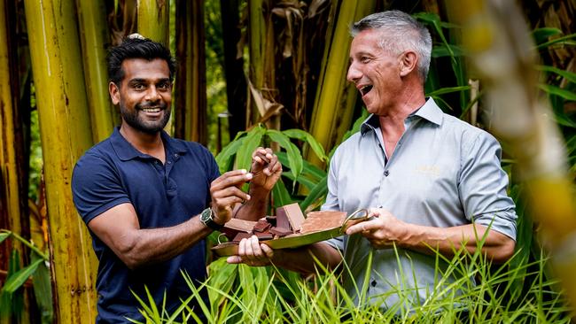 Warndu’s Damien Coulthard with Haigh’s Chocolates’ Ben Kolly. Picture: Mike Burton, taken at Adelaide Botanic Gardens.