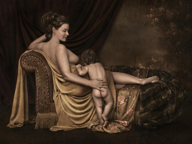 A Renaissance-inspired portrait captures an intimate moment between mum and bub. Picture: Nancy Flammea
