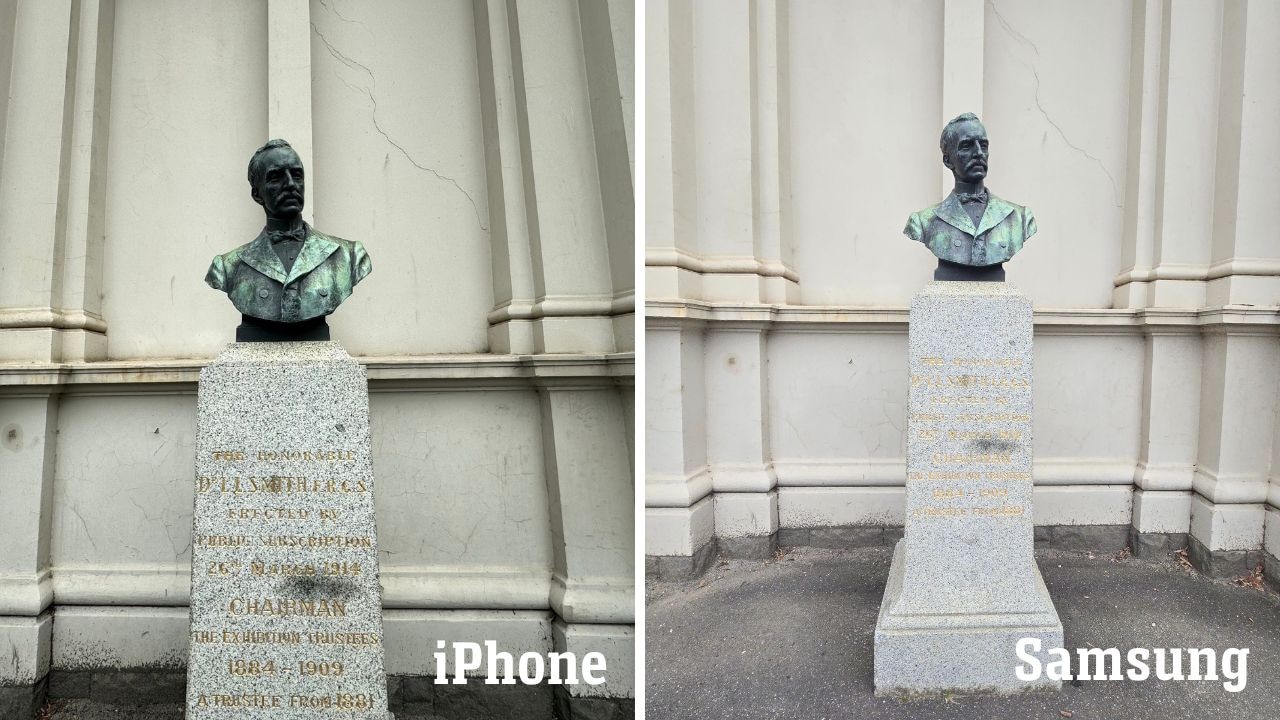 Taking a photo of this bust on the ultrawide cameras really shows the different ways that Apple and Samsung approach photo processing. Picture: Supplied