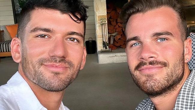 Missing couple Luke Davies, left, and Jesse Baird and Brockenwood Winery in the Hunter Valley in February. Picture: Instagram