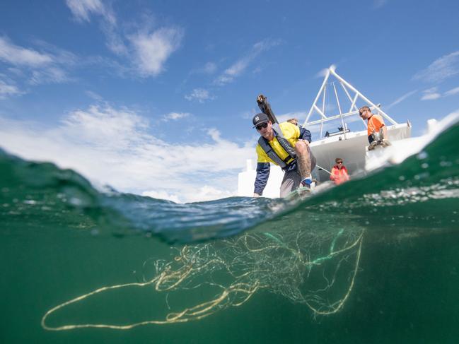 A shark net being deployed off Ballina. Picture: Luke Marsden