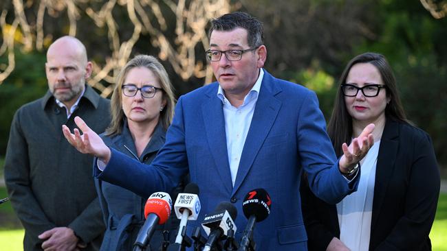 Victoria 2026 Commonwealth Games Organising Committee chief executive Jeroen Weimar, left, Deputy Premier Jacinta Allan, Mr Andrews and Regional Development Minister Harriet Shing. Picture: AAP