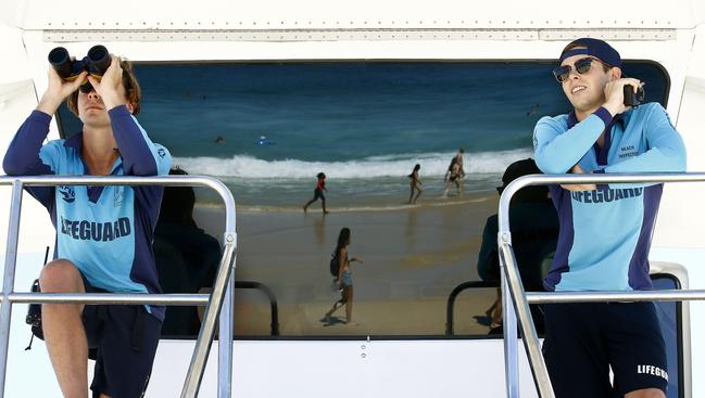 Lifeguards Tommy Frazer and Ryan Yerbury at Sydney’s North Bondi beach, where tourists make up a large proportion of the rescues. (Pic: John Appleyard)