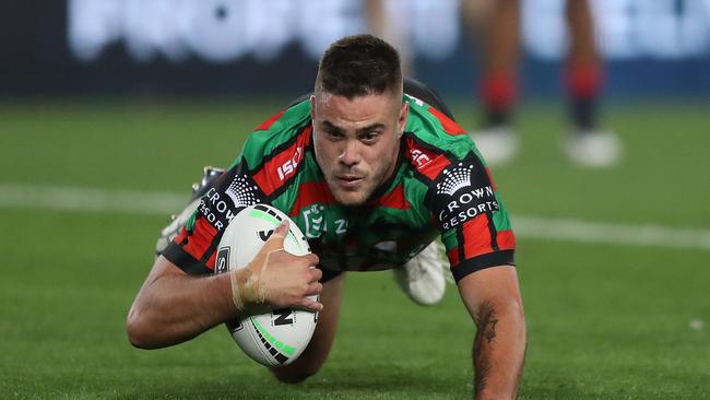 Souths Corey Allan scores against the Roosters. Picture: Brett Costello