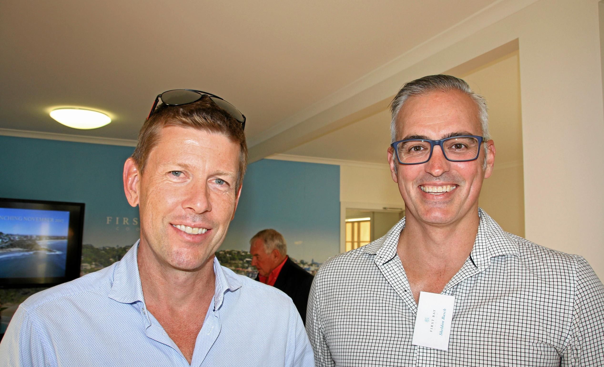 Scott Juniper with Sheldon Busch of McGrath Estate Agents at Mooloolaba to celebrate the launch of the luxury First Bay Coolum development. Picture: Erle Levey