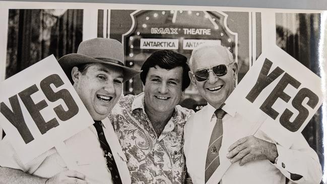 Campaigning at Dreamworld back in 1992, former mayors, from left, Gold Coast’s Lex Bell, Brisbane’s Jim Soorley and Albert Shire’s Bill Laver. Picture: Courier-Mail Archives