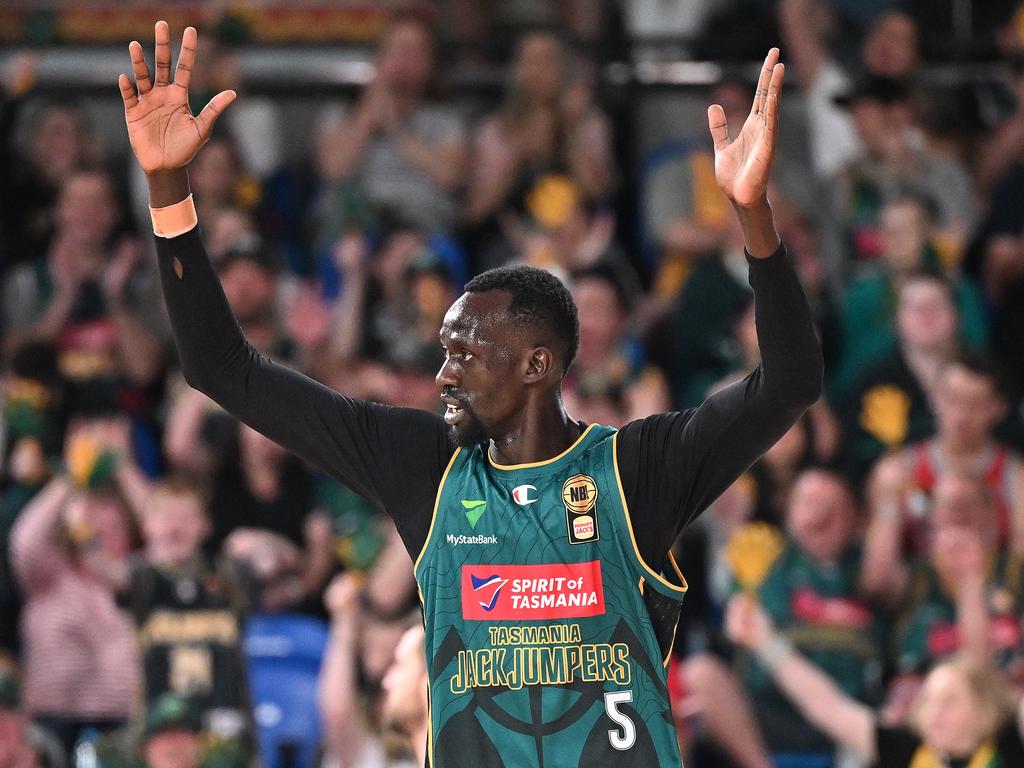 Majok Deng salutes another packed house at MyState Bank Arena. Picture: Getty Images