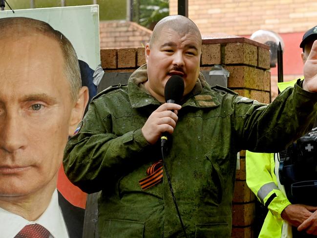 SYDNEY, AUSTRALIA - NewsWire Photos March 6, 2022: Simeon Boikov, who calls himself the 'Aussie CossackÃ at the pro-Russia rally held outside the Consulate General of the Russian Federation building in Sydney . Picture: NCA NewsWire / Jeremy Piper