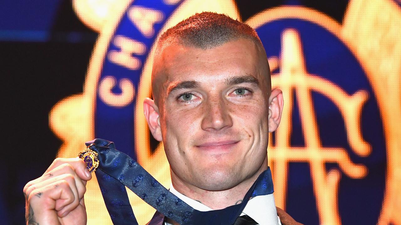 Dustin Martin poses with the 2017 Brownlow Medal.