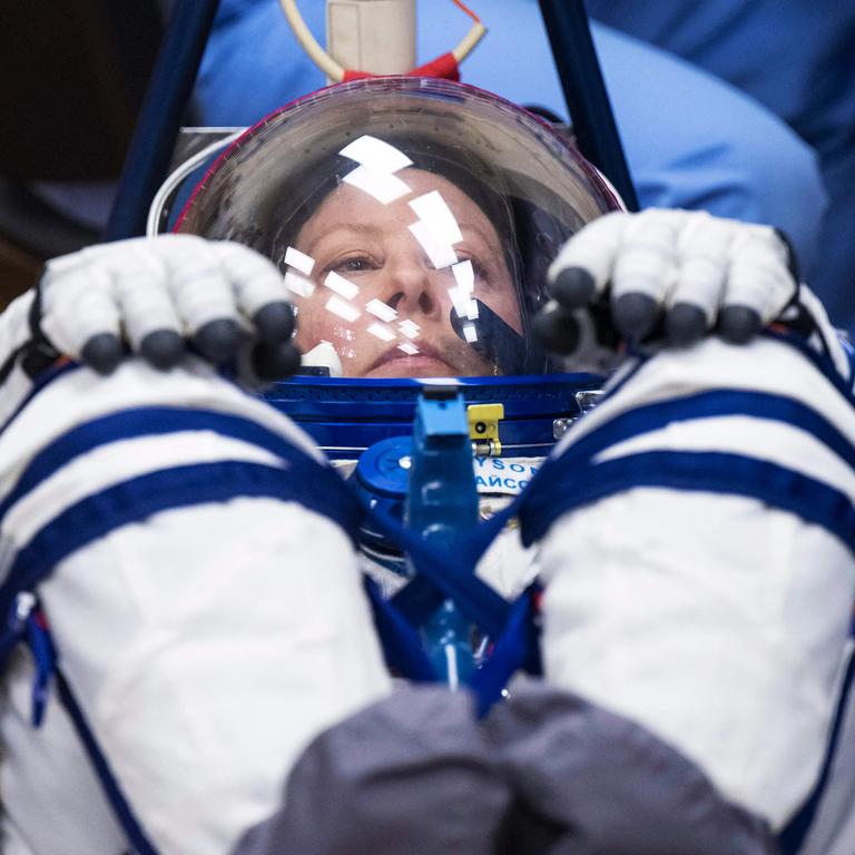 NASA astronaut Tracy Dyson has her Russian Sokol suit pressure checked as she and crew mates prepare for their Soyuz launch to the International Space Station from Kazakhstan. Picture: Bill Ingalls/NASA/AFP