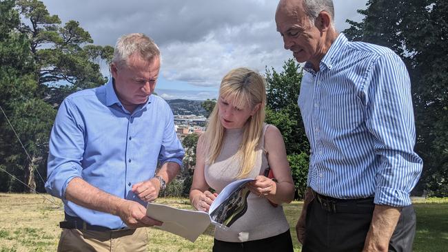 Premier Jeremy Rockliff, Liberal Bass MP Lara Alexander and State Development Minister Guy Barnett at Launceston's Windmill Hill, releasing the new consultation paper for a revised Tasmania’s Population Strategy. Picture: Alex Treacy