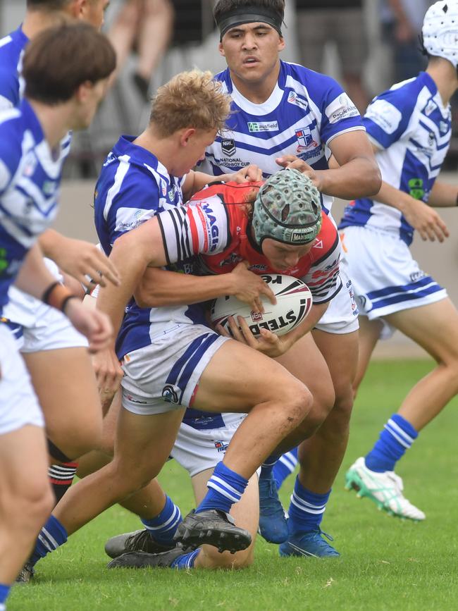 Kirwan High against Ignatius Park College in the Northern Schoolboys Under-18s trials at Brothers Rugby League Club in Townsville. Kirwan 13 Diesel Taylor tackled by Kyhnaan Kennedy. Picture: Evan Morgan