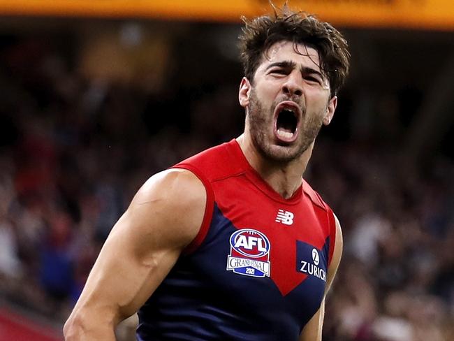 PERTH, AUSTRALIA - SEPTEMBER 25: Christian Petracca of the Demons celebrates a goal during the 2021 Toyota AFL Grand Final match between the Melbourne Demons and the Western Bulldogs at Optus Stadium on September 25, 2021 in Perth, Australia. (Photo by Dylan Burns/AFL Photos via Getty Images)