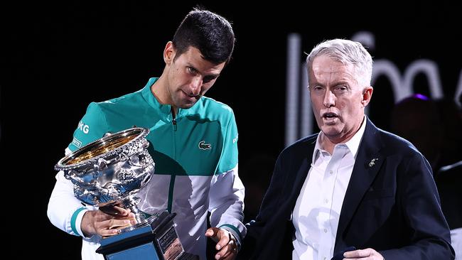 Novak Djokovic of Serbia speaks with CEO of Tennis Australia Craig Tiley