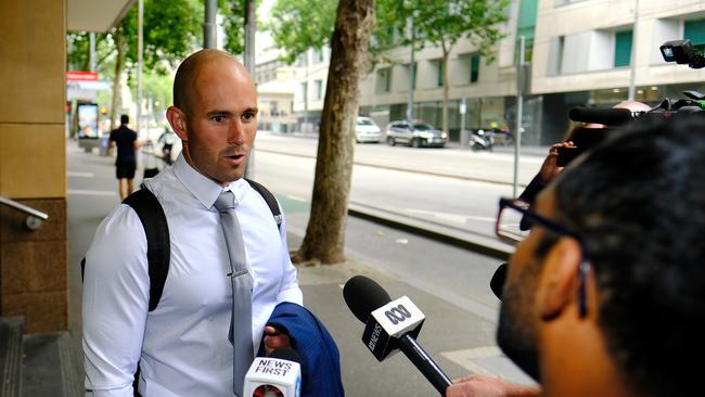 neo-Nazi Thomas Sewell outside the Melbourne Magistrates Court on Thursday. Picture: NCA NewsWire / Luis Enrique Ascui