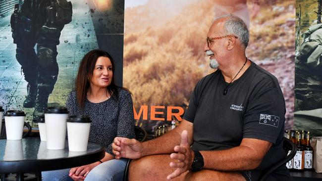 Senator Jacqui Lambie and Kennedy MP Bob Katter meet with veterans at Australian Warfighter Coffee. Jacqui speaks with retired Army Captain Noel Green. Picture: Alix Sweeney