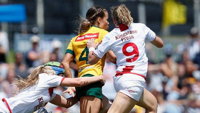 Jillaroos centre Isabelle Kelly on the charge against England at Southern Cross Group Stadium.