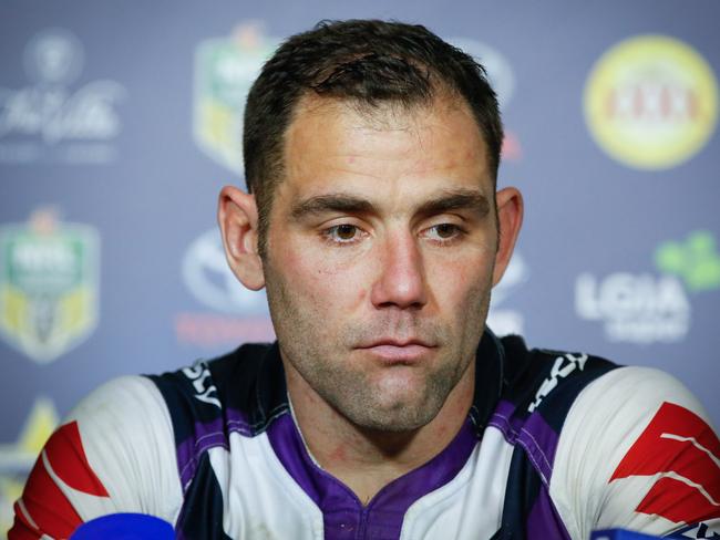 Cameron Smith, Captain of the Storm, at the post game media conference after the Round 22 NRL match between the North Queensland Cowboys and the Melbourne Storm at 1300SMILES Stadium in Townsville, Friday, August 4, 2017. (AAP Image/Michael Chambers) NO ARCHIVING, EDITORIAL USE ONLY