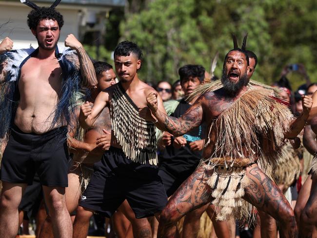 WAITANGI, NEW ZEALAND - FEBRUARY 05: Maori warriors prepare to welcome the New Zealand government representatives including Prime Minister Christopher Luxon at Te Whare RÃÂ«nanga during a pÃÂwhiri on February 05, 2024 in Waitangi, New Zealand. The Waitangi Day national holiday celebrates the signing of the treaty of Waitangi on February 6, 1840 by Maori chiefs and the British Crown, that granted the Maori people the rights of British Citizens and ownership of their lands and other properties. (Photo by Fiona Goodall/Getty Images)