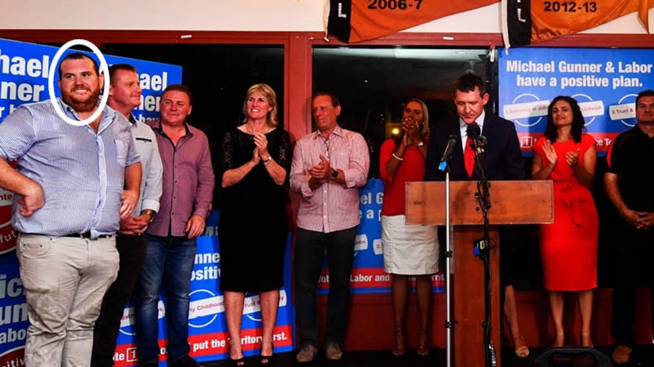 Kent Rowe, circled far left, on stage as Australian NT Labor Party leader Michael Gunner gives his first speech as Chief Minister in 2016. Picture: Ivan Rachman