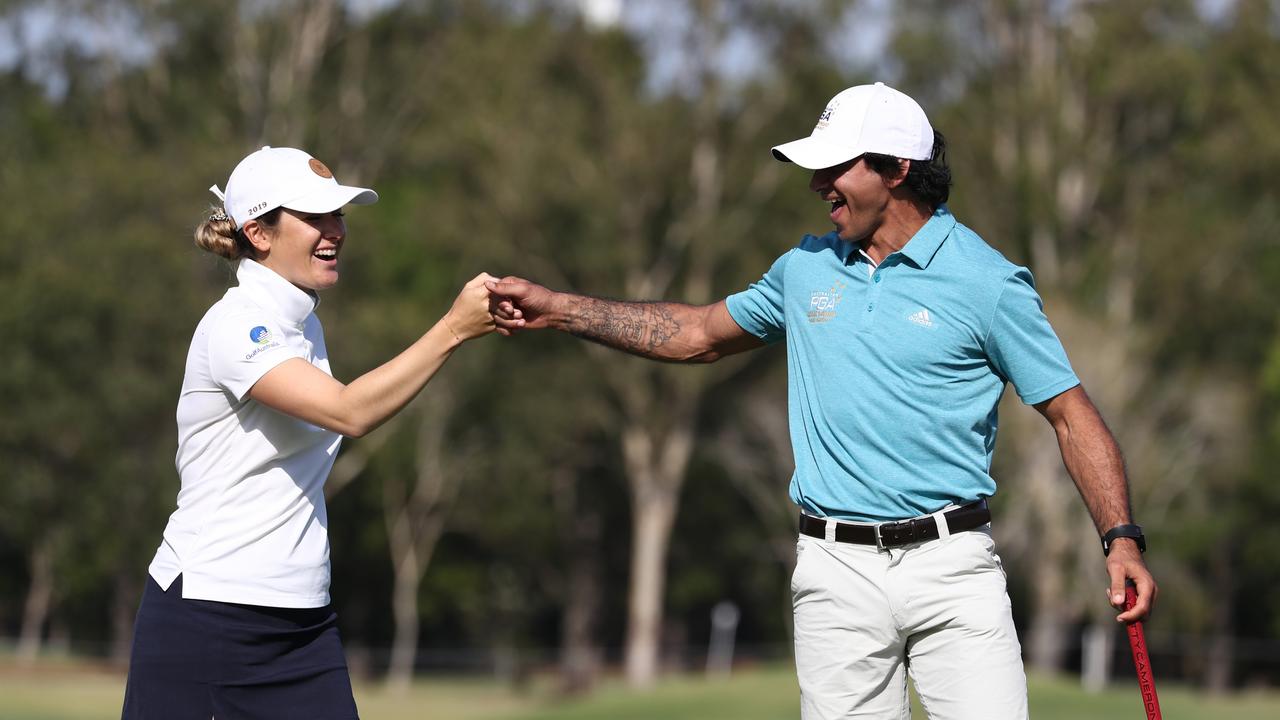 Action from today's Australian PGA Championship Pro-Am at RACV Royal Pines Resort. Picture: Jason O'Brien