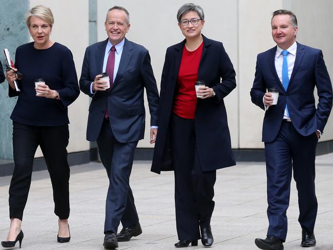 Shadow Minister for Finance Jim Chalmers, Deputy Leader of the Opposition Tanya Plibersek, Leader of the Opposition Bill Shorten, Shadow Minister for Foreign Affairs Penny Wong and Shadow Treasurer Chris Bowen at Parliament House in Canberra. Picture Kym Smith